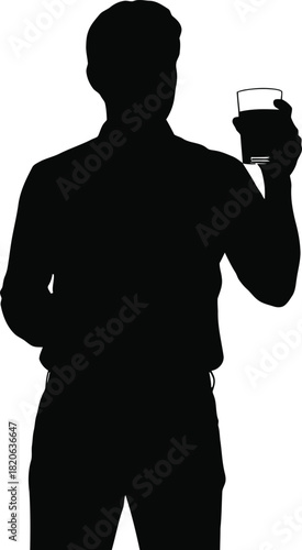 Silhouette of a man holding a glass, perhaps a drink or beverage, standing confidently, isolated on white background