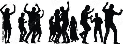 Silhouettes of a diverse group of people dancing and celebrating at a party or club event, showcasing energy and movement, isolated on white background