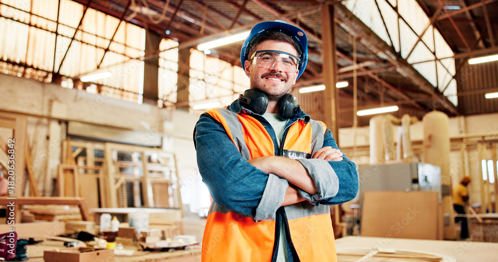 Fototapeta premium Carpentry, crossed arms and portrait of man in factory for furniture repair, restoration and woodworking. Carpenter, safety gear and happy person in workshop for wood, lumber and timber production
