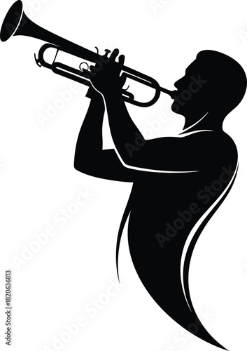 A captivating silhouette of a person playing a trumpet, highlighting the musical artistry and the classic brass instrument, isolated on white background