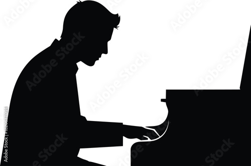 Silhouette of a male pianist playing a grand piano, captured in side profile, emphasizing musicians focus and instruments elegance, isolated on white background