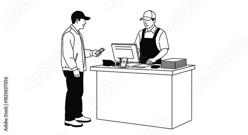 Customer paying cashier at counter with computer and register