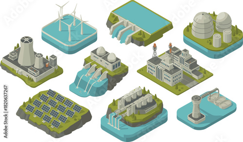 Isometric illustration showing various global energy power plants including nuclear, wind, solar, hydro, gas and industrial electricity production facilities