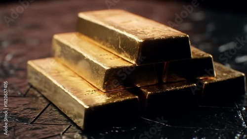 Wallpaper Mural Stacked gold bars lie on a dark, textured surface, warm reflections accenting their gleaming edges!! Torontodigital.ca