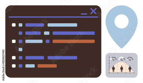Coding interface with colored lines, blue location pin, demographic chart with bell curve and icons of people. Ideal for data visualization, coding, research, statistics, analytics, demographics