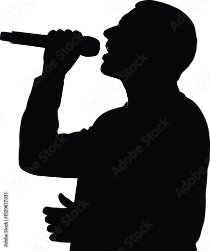Dynamic silhouette of a person singing passionately into a microphone during a performance, conveying emotion and sound, isolated on white background