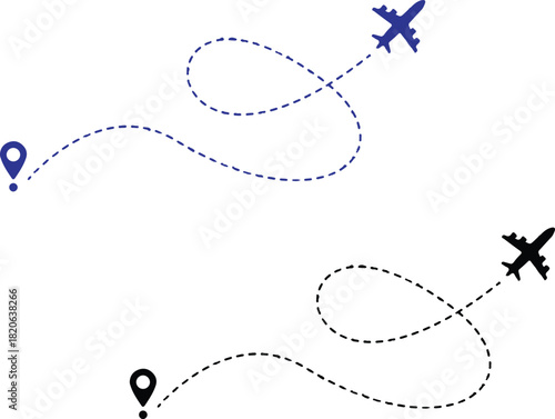 airplane bule black line path icons set vector illustration