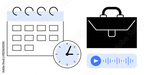 Calendar, clock, briefcase, and audio note symbolizing organization, productivity, planning, task management, work-life balance goal tracking. Ideal for time management concepts business