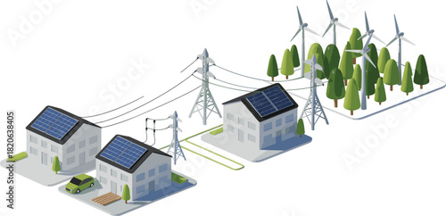 Isometric renewable energy neighborhood, solar powered houses, wind turbines, power lines and electric grid connection, sustainable eco community clean energy concept illustration