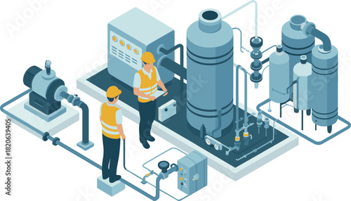 Isometric water treatment plant system with engineers monitoring industrial equipment, filtration tanks, pipelines, control panels, purification process, modern facility illustration