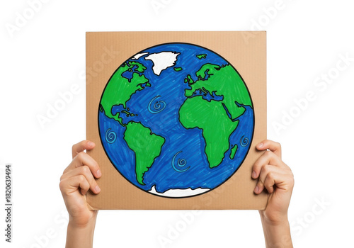 Hands holding a cardboard sign with a handdrawn globe, symbolizing earth, environmental protection, and sustainability, isolated on white isolated on transparent background