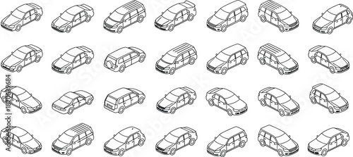 Isometric Car Line Art Vector Illustration Set, Detailed Automobile Collection, Various Vehicle Models, Sedan and Wagon, Transport and Traffic, Outlined Icon Graphics, Isolated on White Background for