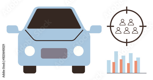 Blue car, target circle with four figures, and bar chart in red and blue. Ideal for market research, customer demographics, data analysis, transportation trends, automotive industry, strategic