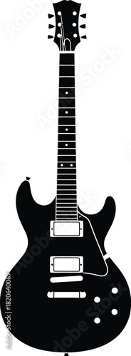 Detailed black silhouette of a classic electric guitar, perfect for musicrelated designs, posters, and merchandise, isolated on white background