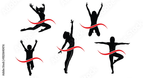 Silhouettes of people in dynamic poses with flowing red lines, representing movement and energy.