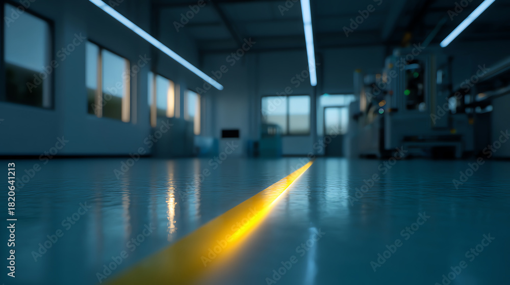 Fototapeta premium A modern industrial workshop features a clean, polished floor with a glowing yellow line leading through a spacious, well-lit room filled with machinery and large windows