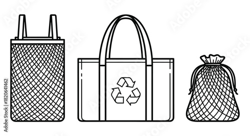 Three reusable shopping bags are depicted in a line against a white background.