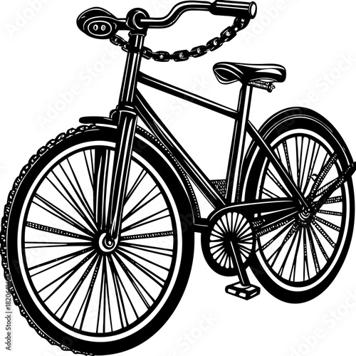 Detailed Black and White Bicycle Illustration with Chain Lock.