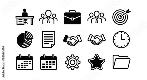 Simple Line Style Business and Management Outline Symbol Icon Set