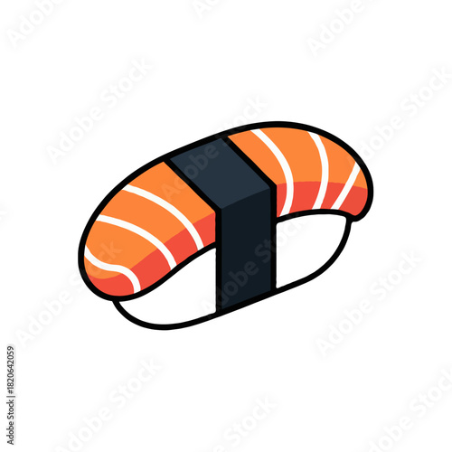 A delicious salmon nigiri sushi piece with bright orange fish and white rice presented isolated on white background