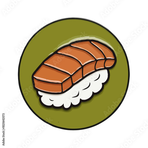 A delicious piece of salmon nigiri sushi with white rice and a green circular background isolated on white background