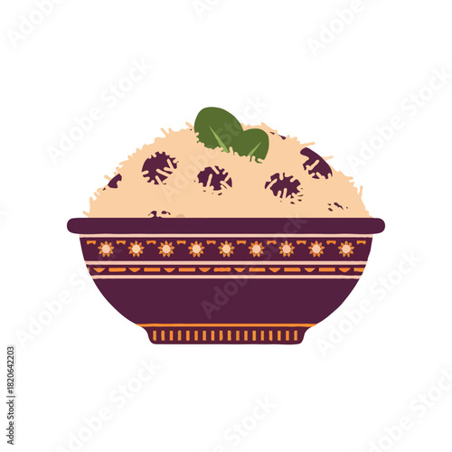 A delicious bowl of creamy rice pudding with raisins and fresh mint leaves on top isolated on white background