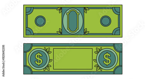 Two stylized green banknotes with dollar signs are displayed on a white background.