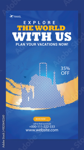 Explore the world with us plan your vacations now travel advertisement with suitcase and hat for summer holiday