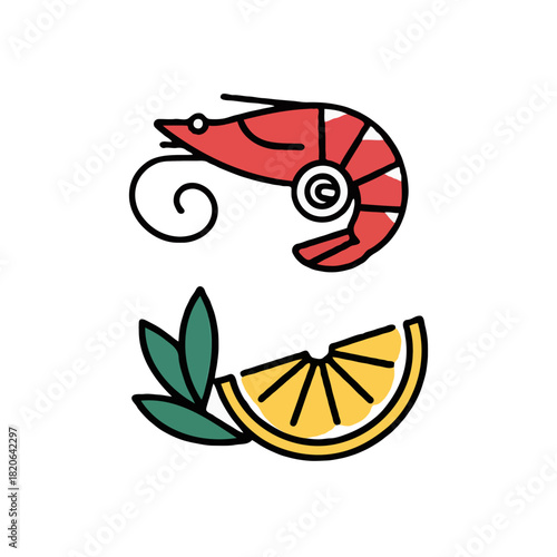 Stylized illustration of a red shrimp and a slice of lemon with green leaves presented as a simple graphic design element isolated on white background