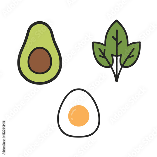 A simple hand drawn illustration of a halved avocado a hard boiled egg and green spinach leaves isolated on white background