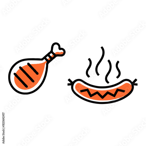 Hand drawn illustration of a grilled chicken leg and a steaming hot dog sausage isolated on white background