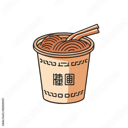 A delicious cartoon illustration of a cup of instant noodles with chopsticks ready to eat isolated on white background