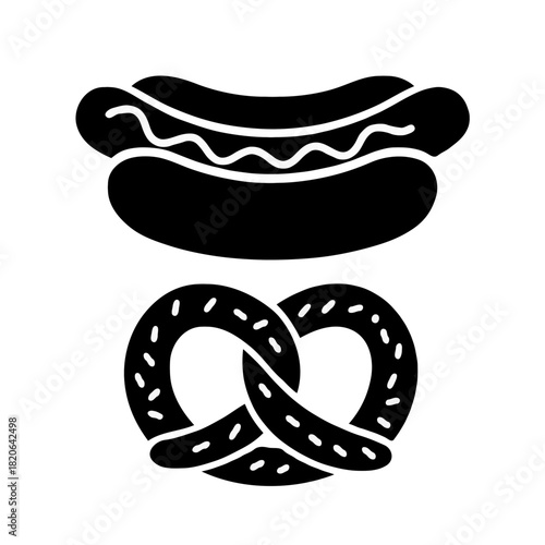 A black silhouette icon of a hot dog with mustard and a pretzel with salt isolated on white background