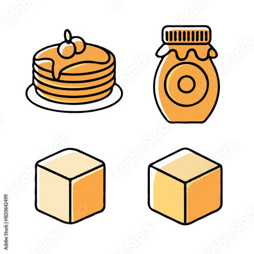 A delicious stack of golden brown pancakes drizzled with syrup and topped with cherries next to a jar of honey and two cubes of butter isolated on white background