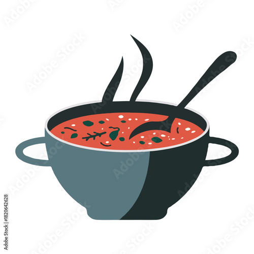 A steaming bowl of hearty tomato soup with visible chunks of vegetables and a spoon resting inside isolated on white background