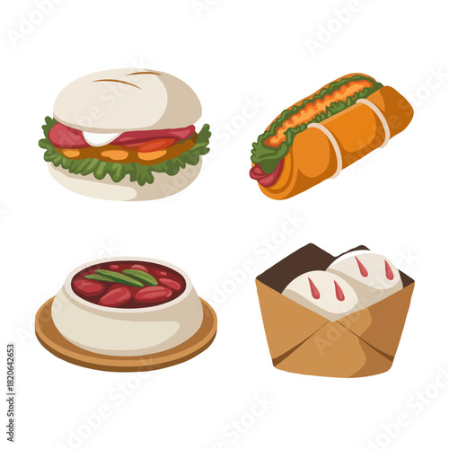 Collection of delicious fast food items including a burger hot dog soup and dumplings isolated on white background