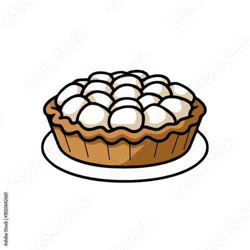 A delicious looking whole baked pie with a golden brown crust and a topping of white meringue dollops isolated on white background