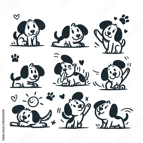 Children's line scribble of playful cute dogs