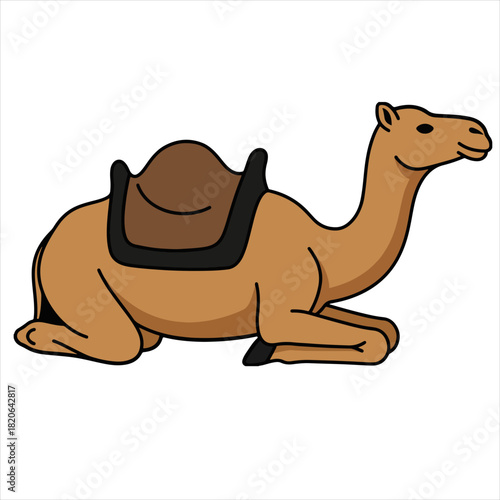 A cartoon camel wearing a brown saddle lies on the ground in a suitable relaxed position against a plain white background.