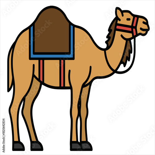 Illustration of a camel with a brown saddle and red harness, standing against a clean white background, suitable for educational materials or graphic designs.