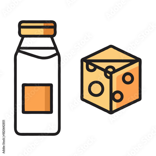 A stylized illustration of a milk carton and a cube of cheese with holes presented clearly isolated on white background