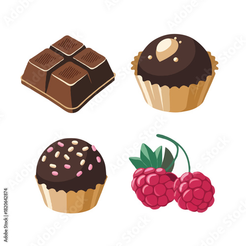 Four delicious chocolate desserts including a square chocolate bar and two chocolate cupcakes with raspberry garnish isolated on white background