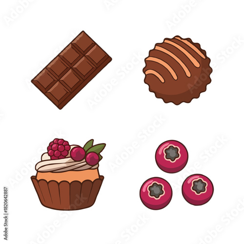 A delicious collection of sweet treats including a chocolate bar a round chocolate truffle a cupcake with raspberries and three blueberries isolated on white background