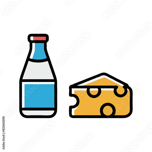 A stylized illustration of a glass bottle filled with milk and a wedge of swiss cheese with holes isolated on white background