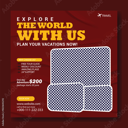 Explore the world with us plan your vacations now travel agency advertisement with stunning destinations and offers