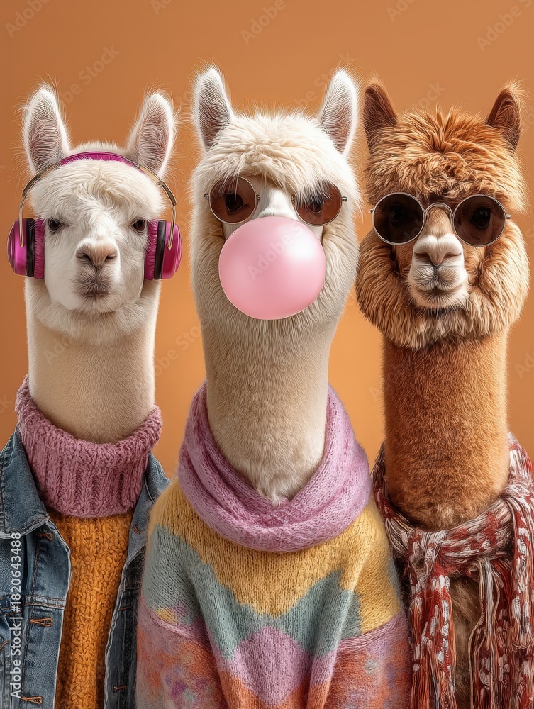 Naklejka premium Tres alpacas con estilo, una mascando chicle.
