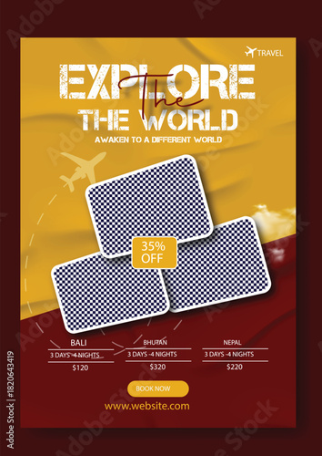 Travel and adventure concept with postcards showcasing diverse global destinations and inspirational text for exploration and discovery