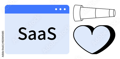 SaaS text in a browser window, telescope for vision strategy, and heart for connection. Ideal for technology, innovation, business, strategy, customer engagement, startups simple flat metaphor