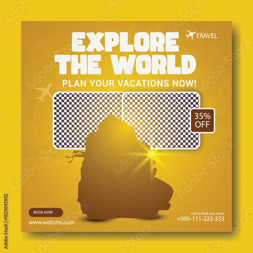 Explore the world with us plan your vacations now travel agency advertisement with discount offer