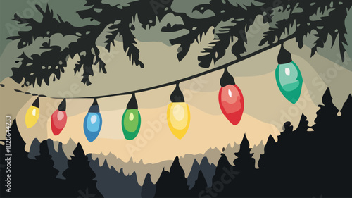 Festive holiday string lights hanging from pine branches create a warm, inviting Christmas atmosphere